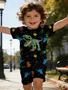 Space Dinosaur Adventure Short Sleeve Set, Fun Design, Dinosaur Bone Print T-Shirt, Baby Casual Clothing, Daily Wear, Perfect Gift for Infants