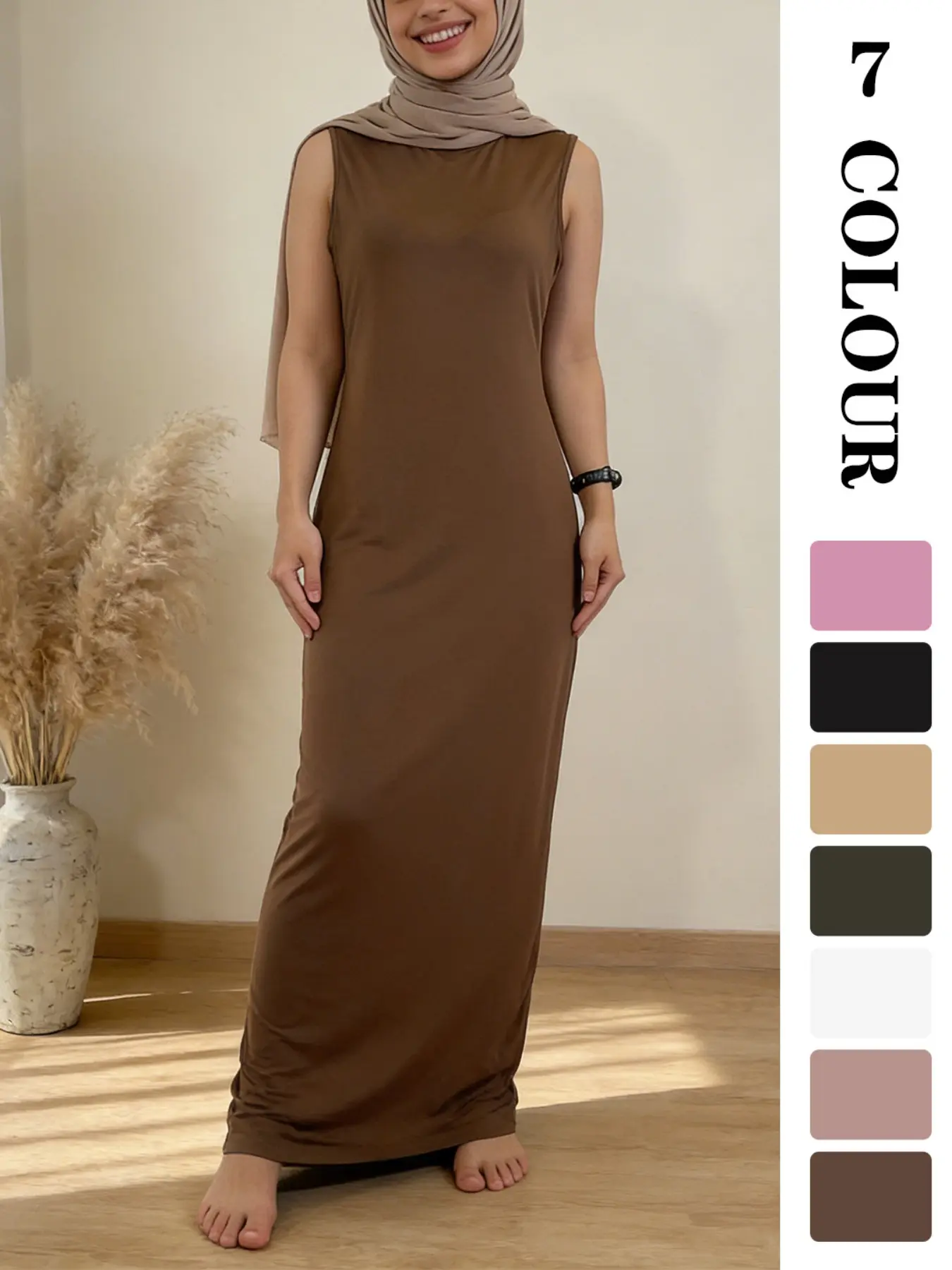 Muslim Sleepwear inner dress for Women, Ramadan Eid Pure Color Plain Sleeveless inner Dress, Dubai Luxury Islamic Kaftan Underwear, Comfortable Long Nightgown [not included hijab]