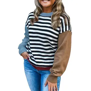 Women’s striped colorblock knit pullover sweater with patchwork sleeves and a crew neck—casual top for everyday wear, winter outfit