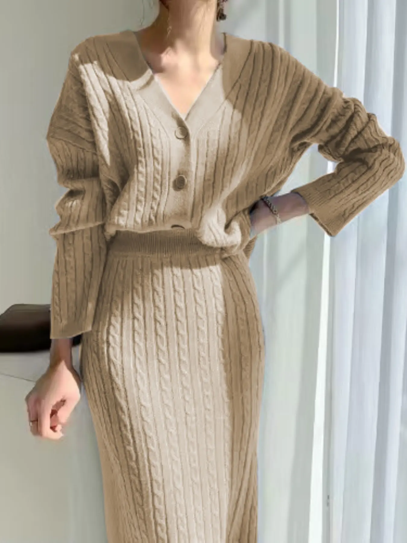 Elegant Knitted Striped Two-Piece Set, V-Neck Cardigan & Skirt, Soft Slim Knitwear for Women, Fashionable Fall/winter, Casual & Stylish