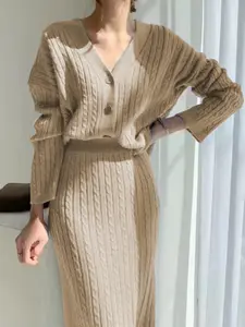 Elegant Knitted Two-Piece Set, V-Neck Cardigan & Skirt, Soft Knitwear for Women, Fashionable Fall/winter, Casual & Stylish