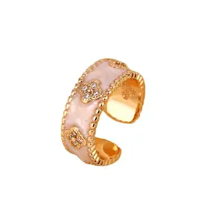 Parisian Romance Elegance 18K Gold Plated Light Pink Enamel Four-Leaf Flower Wide Band Cubic Zirconia Inlaid Open Retro Luxury Style Jewelry for Women Birthday Valentine's Day Gifts