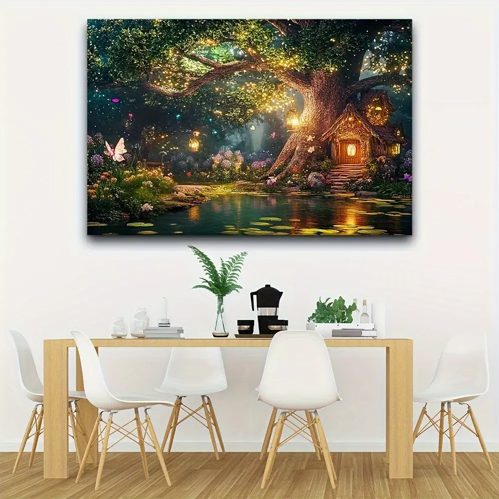 1Pc Synthetic 30*40inch Whimsical Fairy Tale Forest Tapestry - Home Decor Wall Hanging with Magic Trees, Cozy Cottages, Vivid Fluorescent Elements, Pouch, Wall Mount for Elegant Soft Styling & Decor Inspo