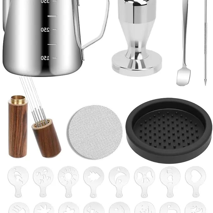 Stainless Steel Home Coffee Tool Kit - 51mm/53mm Espresso Accessories, 350ml Cup & 51mm Espresso Kit, 5-Layer Mesh Flow Puck Screen, Tamper for Even Tamping Pressure, WDT Tool, Tamper Mat, Latte Art Pen, 16 PCS Stencils, Dessert Spoons