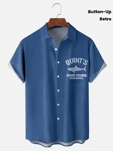 Hawaiian Shirt (Men's/Short-Sleeve/Lightweight/Button-Up) with Retro Shark Letter Print