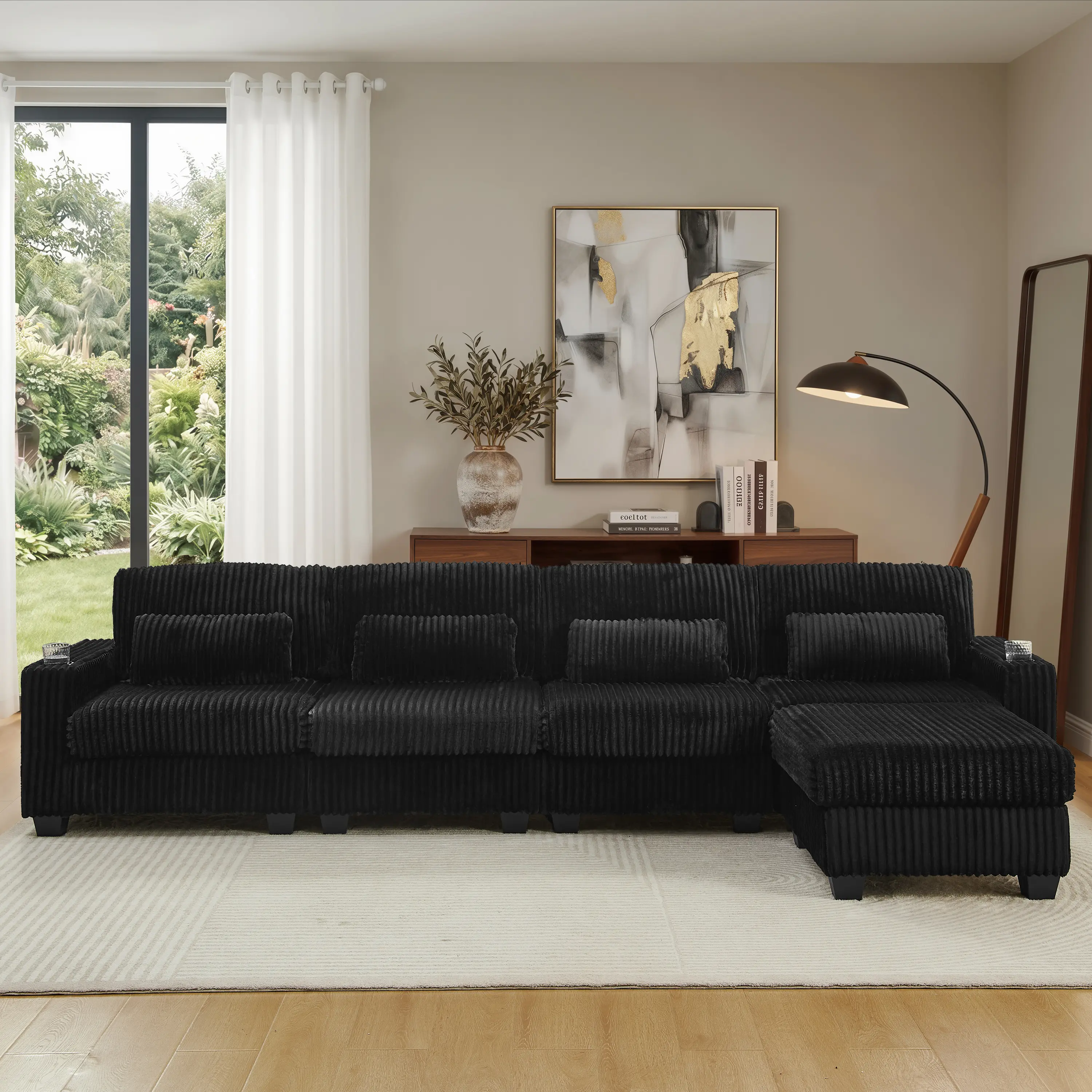 【3-Piece Set 】 Niccae 126" Oversized Sectional Couch for Living Room, L-Shaped Modular Corduroy Sofa with Ottoman, Cup Holders, 4-Seater Convertible Design, Charge Port, Waist & Back Pillows