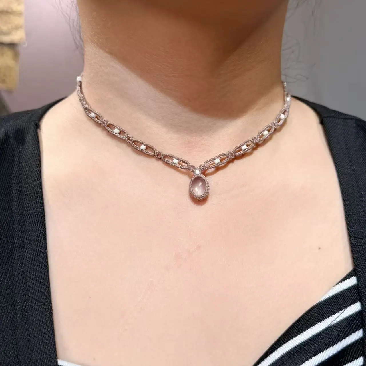 Rose Quartz Necklace Macrame Handcrafted Unique Gift Boho Ethnic Minimalist Jewelry Stone of Magic Made to Order