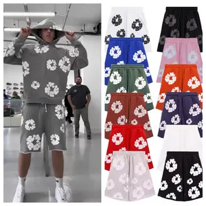 2026 Y2K Oversized Hoodie Floral Bubble Print Shorts Set,Unisex Street Hip-Hop Retro Outfit with Cotton Tee,Kapok Foam Print,Quick-Dry High-Waist Sport Shorts,Flower Puff Print Joggers,Relaxed Fit Tracksuit