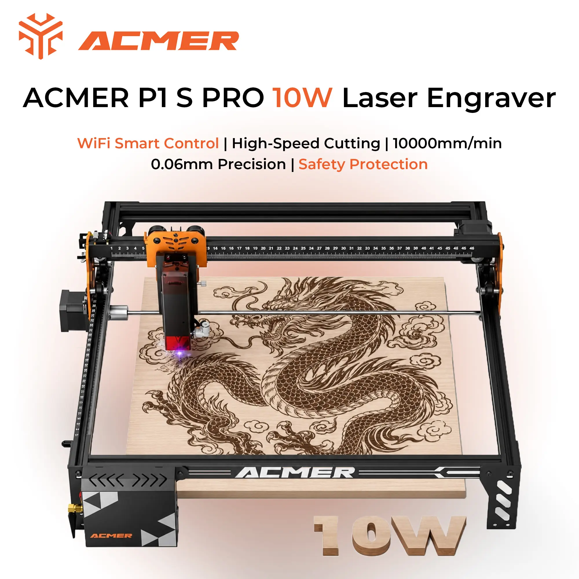 ACMER P1 S Pro 10W Laser Engraver & Cutter | Built-in WiFi Module | 370×380mm Work Area | 10000mm/min High Speed | 0.06mm Precision | ESP32 Control System
