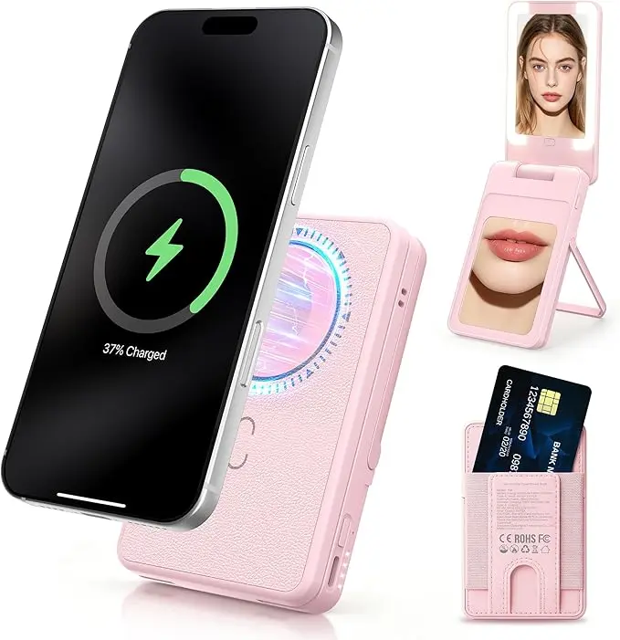 5000mAh 5-in-1 MagSafe Compatible Magnetic Wireless Power Bank Portable Phone Charger, Built-in LED Adjustable Makeup Light,  Bluetooth Selfie Remote Control, Card Holder, Come with USB-C Charging Cable for iPhone Samsung Android Smartphones