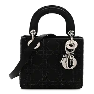 Pre-owned Dior Leather Handle bag Satin Crystal Cannage Mini Lady Black 4000018132577