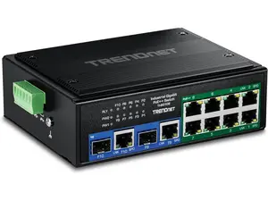 TRENDnet 10-Port Industrial Gigabit 400W PoE++ DIN-Rail Switch TI-BG108 - 8x Gigabit PoE++ Ports - 2x Gigabit Shared Ports (RJ-45 / SFP) - 20Gbps - 400W - TI-BG108
