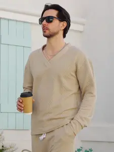 Men's Textured V-Neck Long-Sleeve Sweater | Relaxed Fit Casual Knit Pullover for Spring/Fall, Urban Streetwear Essential