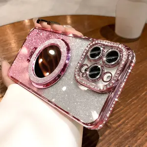 Phone Case: Luxury Rhinestone Transparent Glitter Magnetic Phone Case for iPhone 17 16 15 14 13 Pro Max with Mirror Magnetic Phone Stand and Soft Cover.