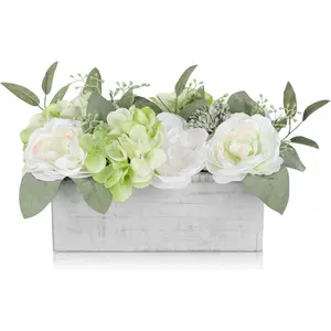 Flower Arrangement with Wooden Vase 10" Artificial Flowers in Pot - Fake Flowers in White Rectangular Wooden Vase Potted Faux Flower Centerpieces for Table Living Room - White