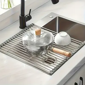 1-piece luxury stainless steel roll-up dish rack - space-saving over-sink design, multi-functional dish draining rack, portable roll-up rack, sink mat, easy to store, rust-proof, durable, compact kitchen tool, draining rack