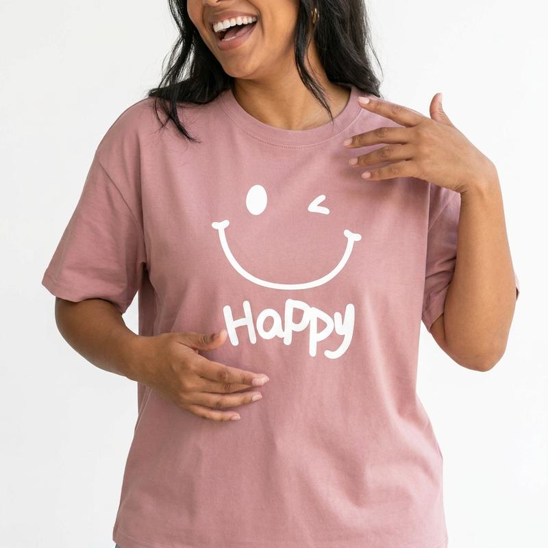 Happy Smiley Face Graphic Tee Women Cute Winking Smile Shirt Plus Size Top