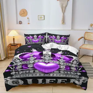 Diamond-Encrusted Crown-Print Duvet Cover Set,Luxurious Purple-Black Color Scheme Bedding Set,Exuding A Sophisticated Yet Sweet and Cool Vibe.Soft Material for Cozy Sleep. 2/3Pcs Includes 1 or 2 Pillowcases - Filling Not Included/Zipper Closure.