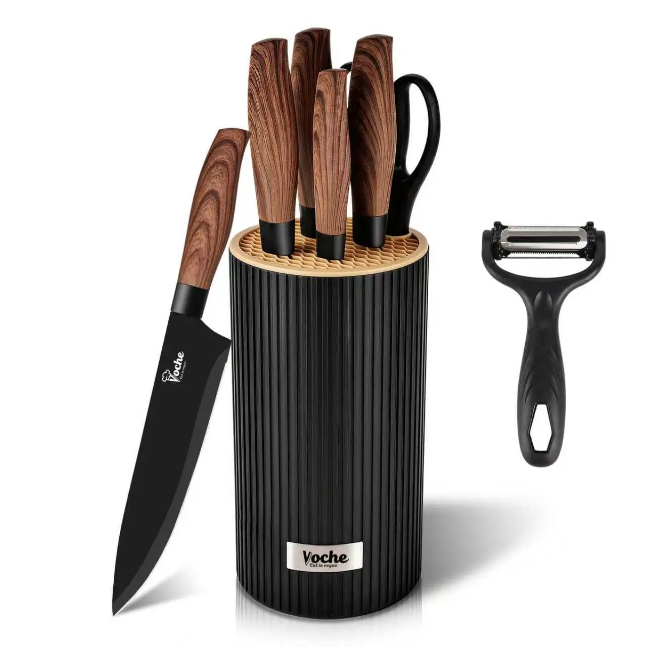 7PCS Kitchen Knife Set with Upgraded Drainage Block, Space Saving Knife Set for Small Kitchen, Sharp Stainless Steel Knives with Scissors & Peeler, Everyday Cooking Knife Set