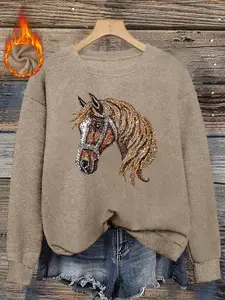 Women's Autumn Winter Sparkling Horse Head Round Neck Faux Fur Sweater, Casual Fitted Animal Print Pullover, Luxurious Style