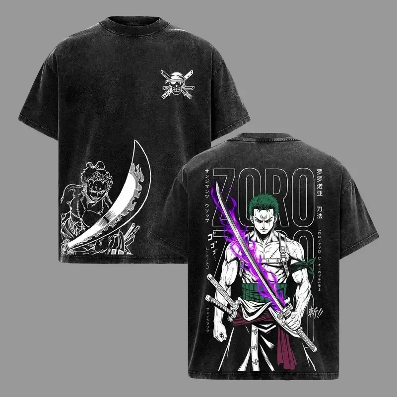 Men's Roronoa Zoro T-Shirt, Double-Sided Acid Wash Graphic Tee in Heavyweight Premium Cotton, Oversized Relaxed Fit, Baggy, Shortsleeve, Loose