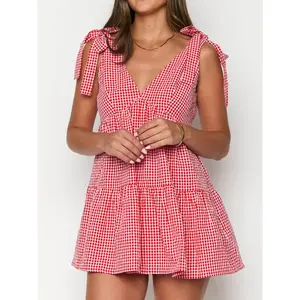 Women's checkered printed bow tie decorative lace up dress, casual and fashionable golden yellow dress, suitable for daily vacation wear, summer women's dressRAIMENTRY