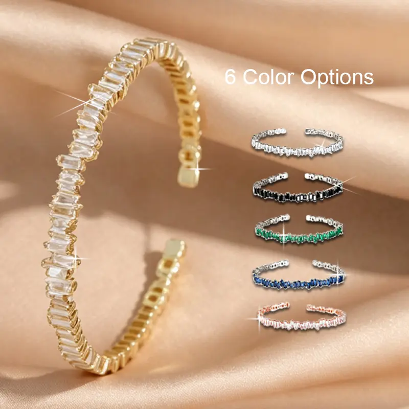 Stylish Adjustable AAAAA Cubic Zirconia Women’s Bracelet&Baguette Cut Clear Black Blue Green CZ Gold Plated Open Cuff Bracelet Dainty Sparkle Waterproof Wrist Bangle For Women Daily Party Jewelry Accessory Gift