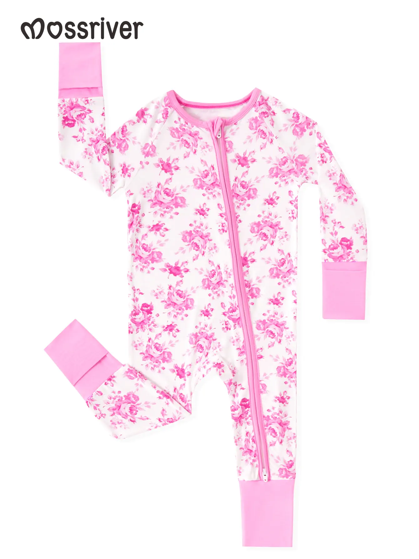 Mossriver Classic Rose All-Over Print Baby Sleeper - Soft Bamboo Viscose Oversize Long-Sleeve Footless Romper with Zip, Gentle Stretch, All Seasons, 0-24 Months (18-24m Option), Boy, Long Sleeve Shirt