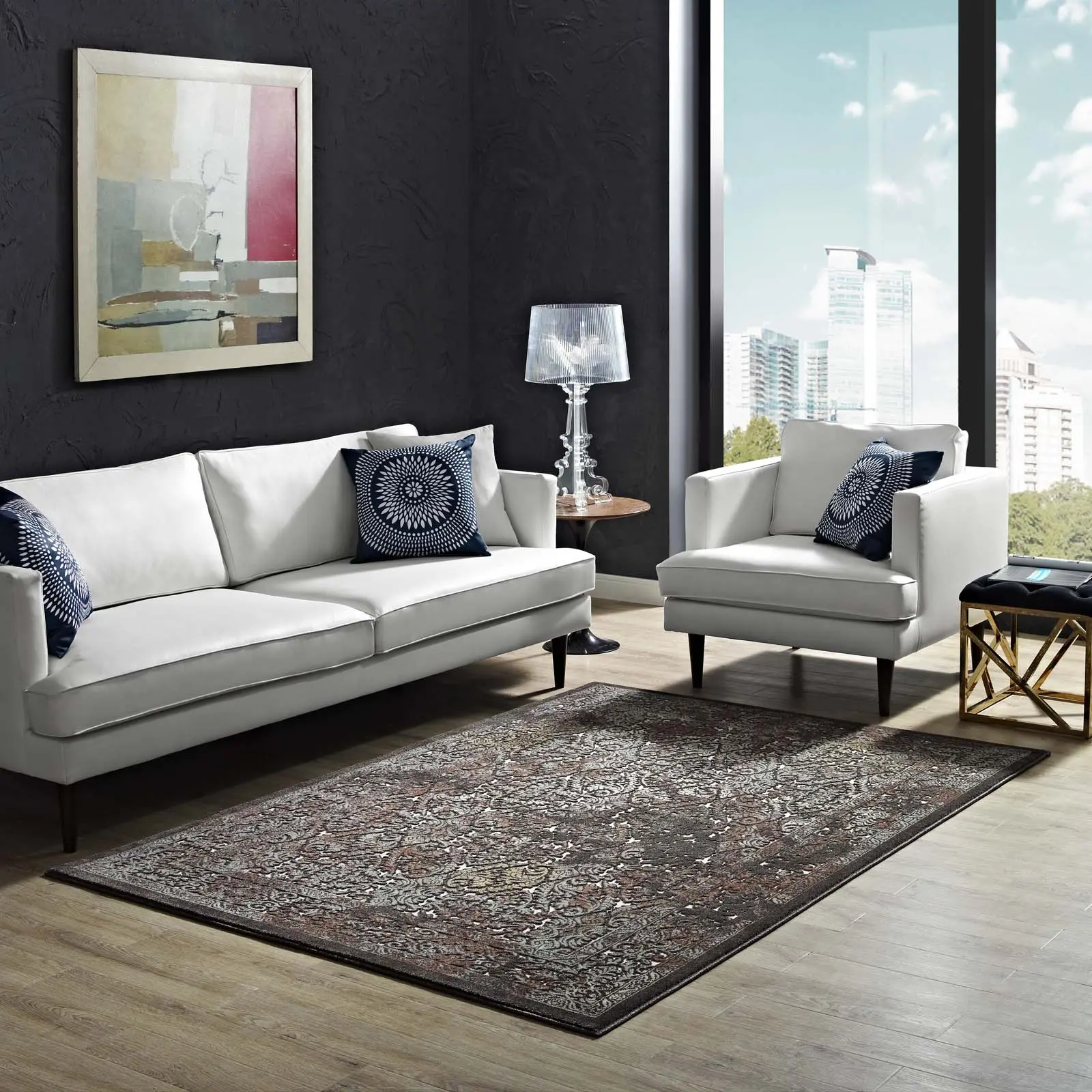 Modway Westia Decorative Indoor Rectangular Soft Home Decor Rug - Ornate Turkish 5x8 Vintage Dark Brown and Silver Blue Area Rug, Decorative Area Rug