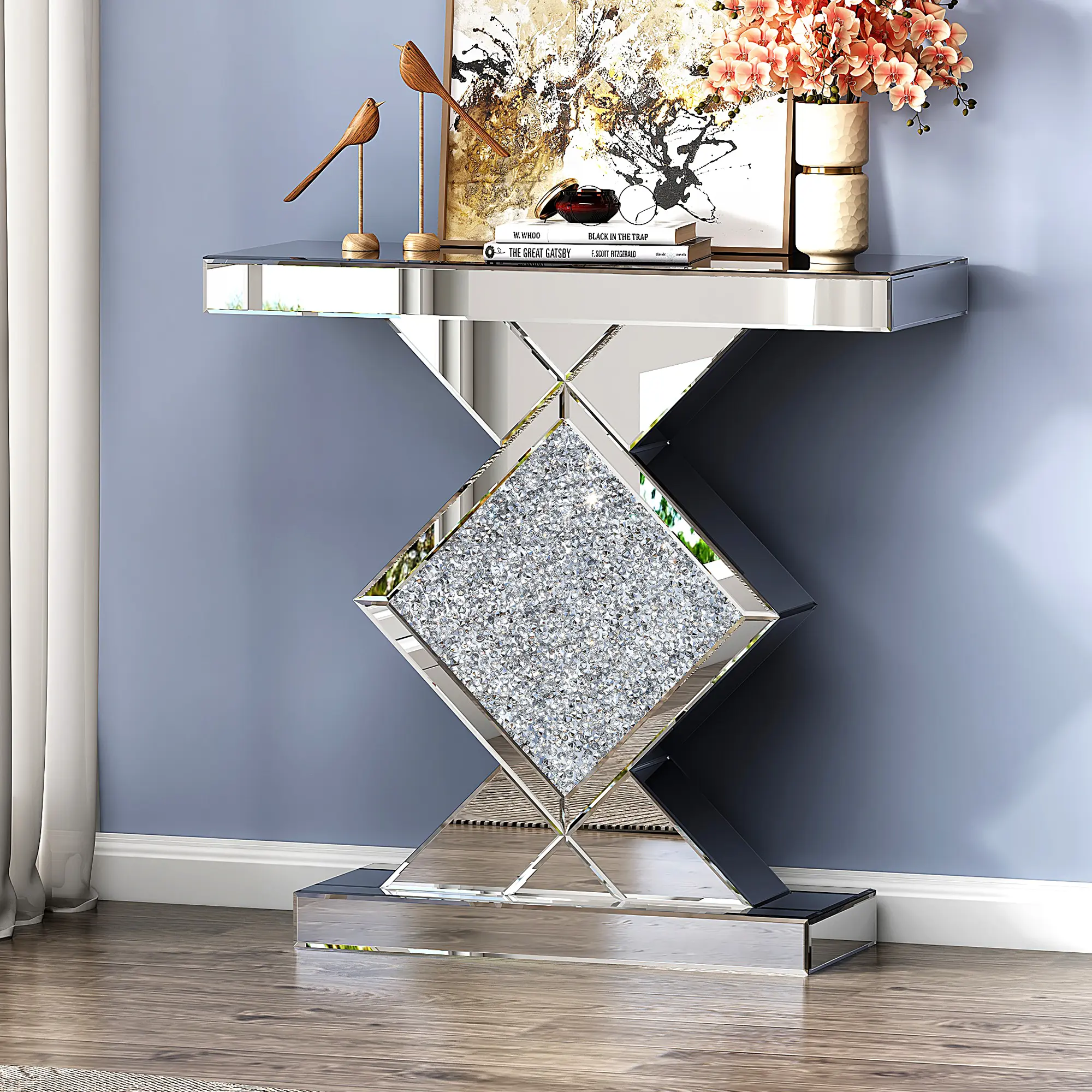BLINGWORLD Rectangular Modern Console Table with Crushed Diamond Inlay, Mirrored Glass Finish, Sparkling Design for Entryway, Living Room, Fiberboard Construction