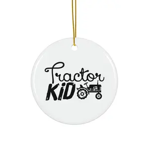 TRACTOR KID ORNAMENT, CHRISTMAS DECORATIONS, 3 INCHES CIRCLE ORNAMENT, CERAMIC ORNAMENT