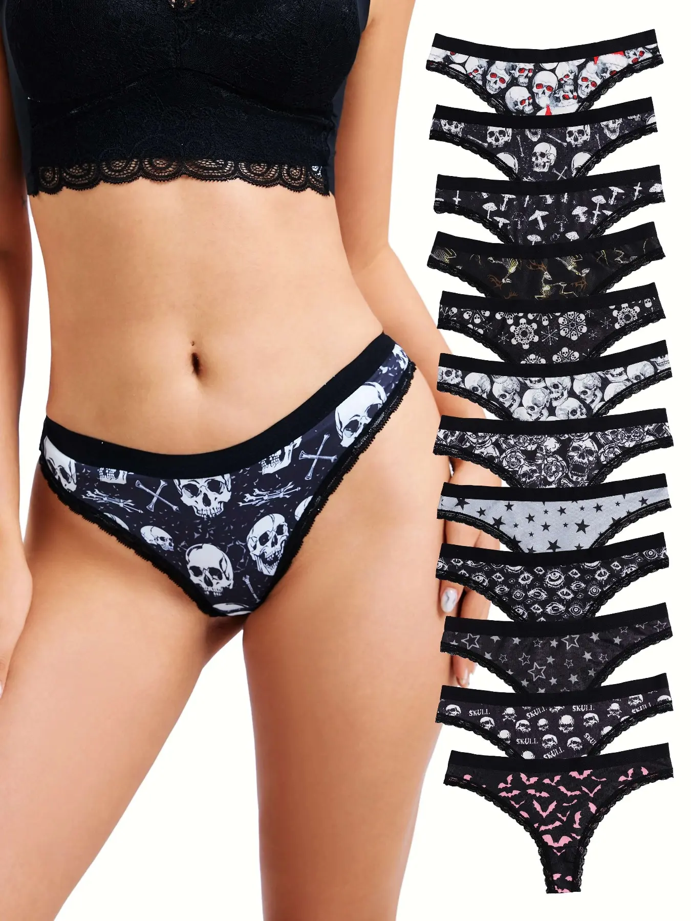 12-Pack Sexy Cute Gothic Contrast Lace Thongs, Allover Print Comfy Silky Intimates, Fashion Panties, Women's Underwear & Lingerie for All Seasons, Contrast Lace Panties, Fitted Panties