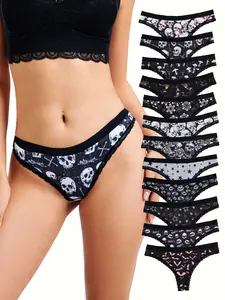 12-Pack Sexy Cute Gothic Contrast Lace Thongs, Allover Print Comfy Silky Intimates, Fashion Panties, Women's Underwear & Lingerie for All Seasons, Contrast Lace Panties