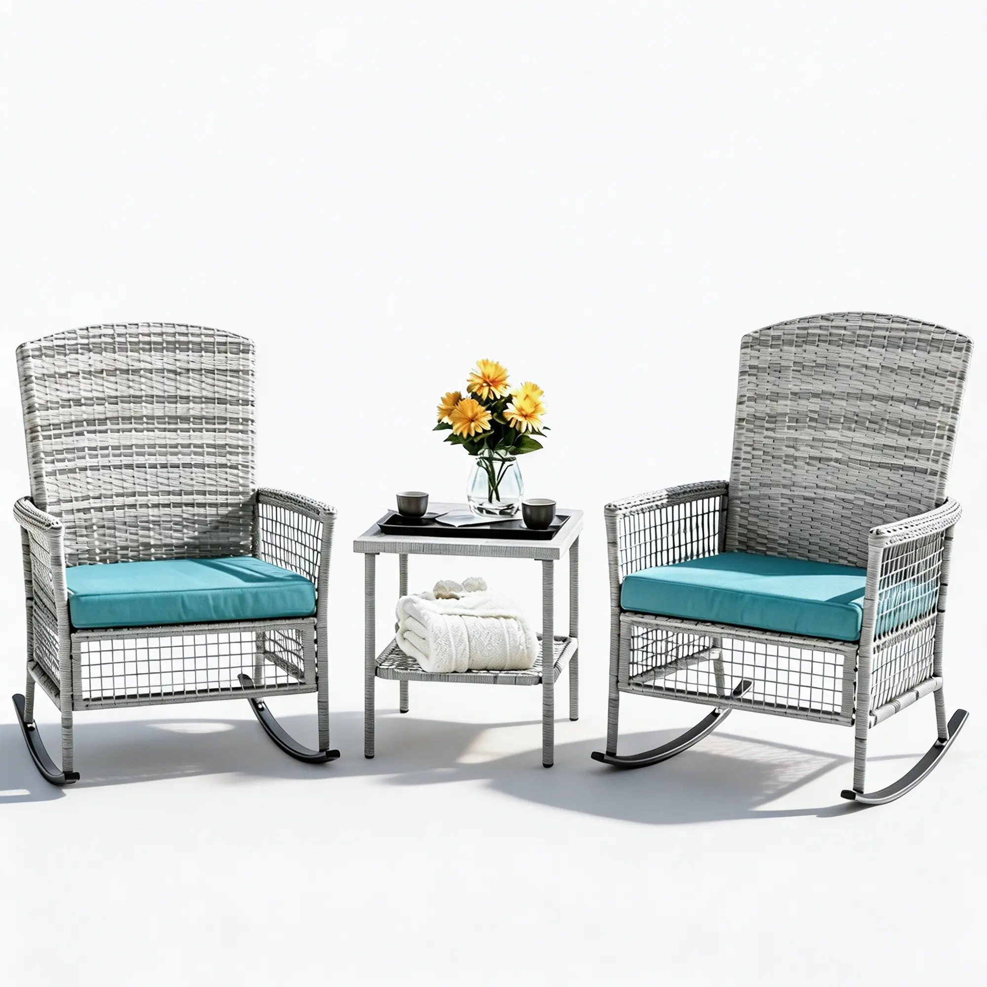 Outdoor Rattan Wicker Rocking Chair, 3 Pieces Patio Conversation Furniture Bistro Sets with Side Table and Cushions for Porch Garden and Balcony