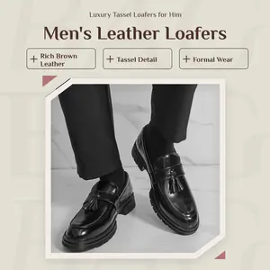 Men's Leather Tassel Platform Slip on Loafers Luxury Round Toe Lug Sole Non-Slip Dress Shoes Casual Low Block Heel Business Work Office Shoes