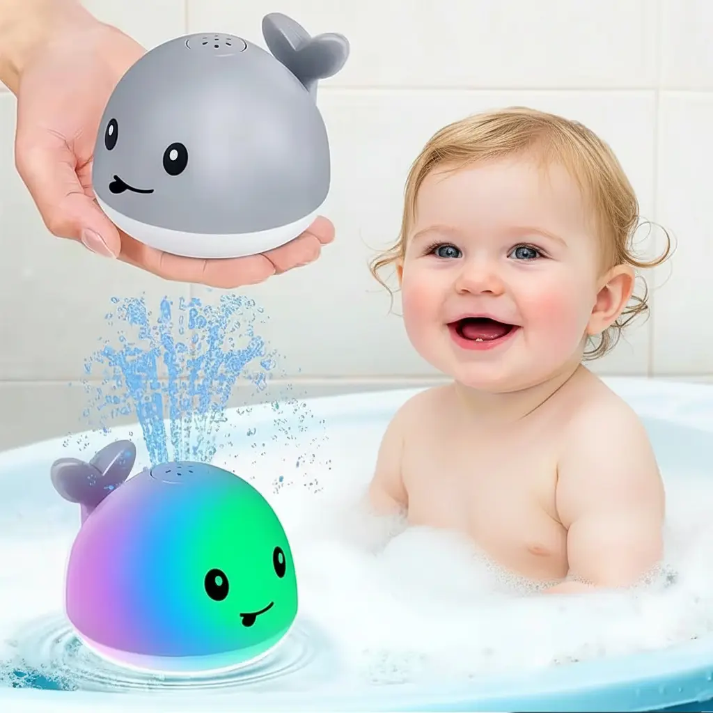 Glow Whale Sprinklers IPX8 Waterproof Light Up Bath Toys for Kids 1-3 Years Unisex USB Rechargeable Bubbler Sensory Bathtub & Pool Toys
