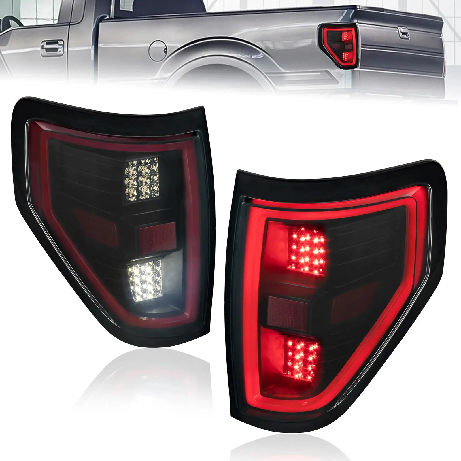 MOSTPLUS Black Housing Smoke Tail Lights Rear Lamps LED Tube For 2009-2014 Ford F-150 2pcs