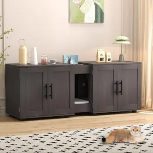 [FLASH SALE] Garvee Hidden Litter Box Enclosure for 2 Cats, Double Room Cat Furniture Cabinet with Storage Groove & Odor-Reducing Mat, Wooden Cat Washroom Bench for Living Room, Dark Walnut,White,Light Grey