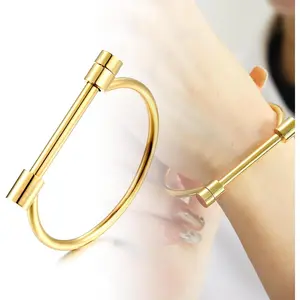 Screw Bracelet for Women Men Stylish Titanium Steel D Shape Bar Screw and Shackle Cuff Bangle BraceletLove Screwball Bar Bracelets in Unisex Design (Gold)