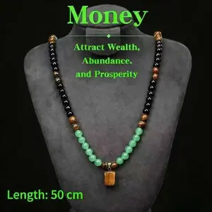 September Laurel Money Attraction Necklace with Green Aventurine & Tiger Eye Pendant, Healing Crystal Stone, Anniversary, Vacation & Theme Party Jewelry, Abundance Crystal Bracelet, Long Chain, Sweater Chain, Ideal Gift Jewelry for Men and Women Quartz Ge