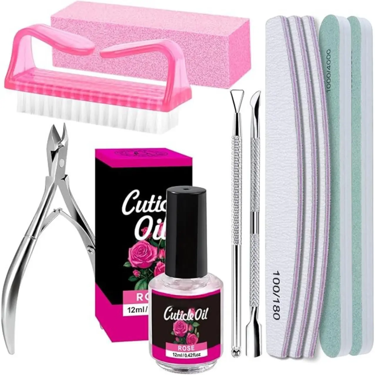 Professional Manicure Tools Kit with 3PCS 100/180 Grit Nail Files 2PCS Nail Buffer 1PCS Pink Buffer Block 1PCS Cuticle Nipper Pusher Peeler Oil Brush for Daily Nail Care Salon Use