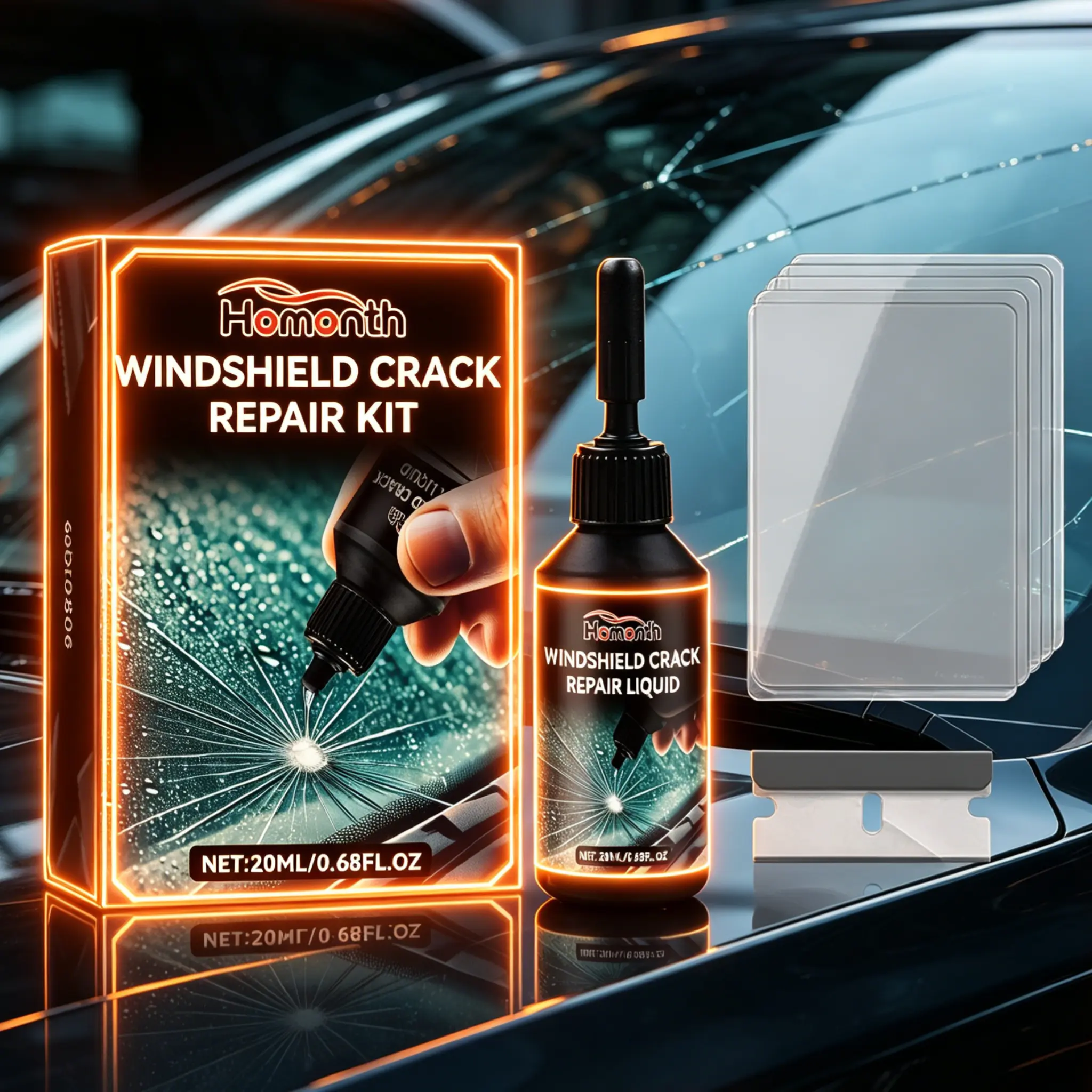 Homonth Automotive Glass Care Kit, Professional Windshield Crack & Scratch Repair Solution, UV Cure Epoxy Adhesive Coating for Chips, Bulls-Eye, Star Cracks - DIY Permanent Fix for All Car Auto Glass Damage