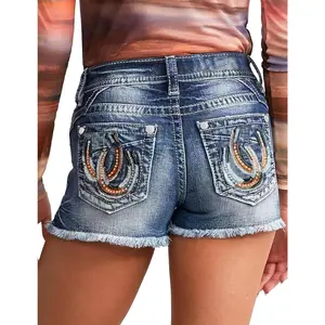 Women's Ripped Stretchy Jean Shorts Mid Rise Skinny Denim Shorts Distressed Frayed Raw Hem Casual Summer Shorts