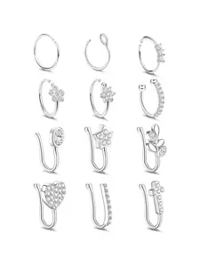 Classic 12 Pcs Silvery Stainless Steel Shining CZ Faux Piercing Jewelry Fake Nose Rings Hoops for Women Men Trendy Fake Nose Rings Spring Clip on Circle Hoop Nose Cuff Nostril Jewelry Set