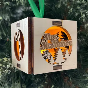 Wooden LED Christmas Ornament Lantern Box | Personalized Tea Light Laser Engraved Keepsake Baubles | Kid, Grandkid, Corporate Gift Tree Decoration Decor