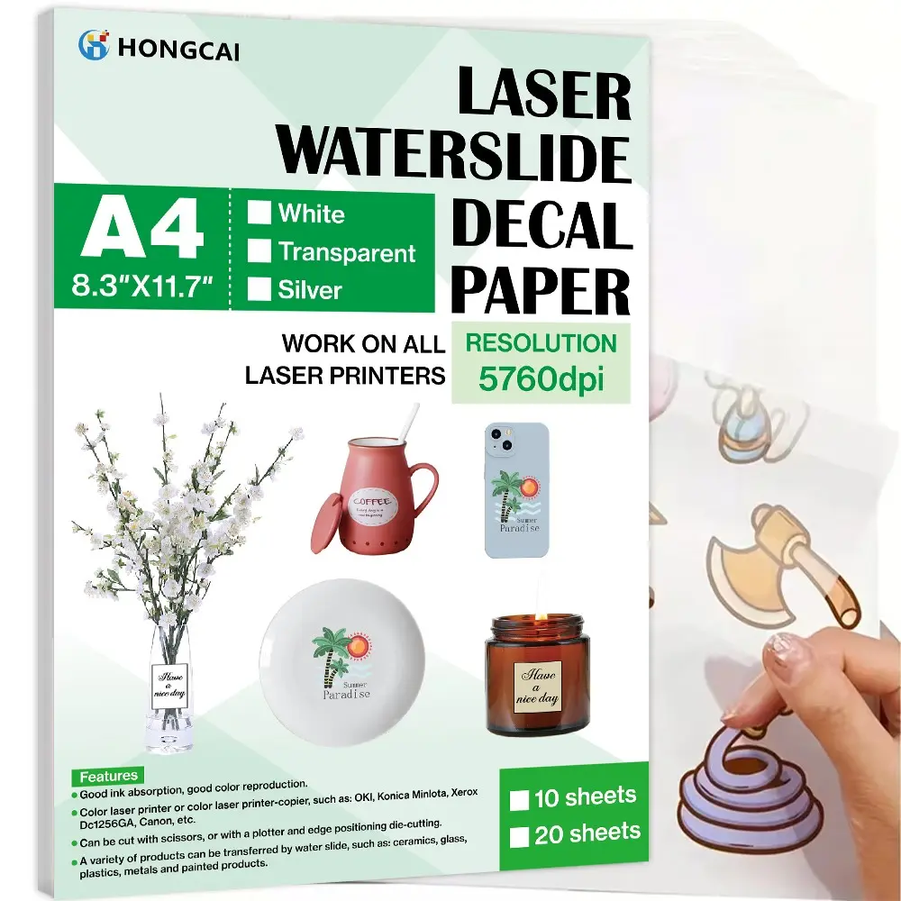 10 Sheets A4 Laser Water Slide Transfer Paper, Transparent Silver Color, Printable for Glass Ceramic Metal Surfaces, DIY Cup Decoration, Stationery Office Supplies, Water Slide Decal Paper