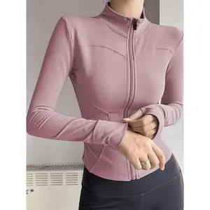 Spring and Autumn Women's 2pcs Set Fashionable Yoga Sports Top Jacket, Full Zipper Closure, Curvy Slim Fit with Waist Definition, Long Sleeves with Fingerless Gloves, Windproof and Warm, Suitable for Running, Yoga, Fitness, Studio, Outings