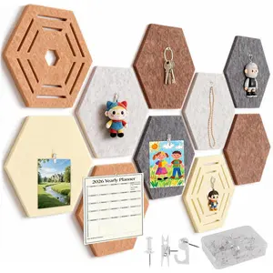 10 Pcs Hexagon Bulletin Board,11.8x10.23x0.47inch Self-Adhesive Felt Bulletin Board Tiles Pinboard Boho Home Office Wall Decor Pin Display Boards for Vision Photo Memo (40 Push Pins,10 Clips,10 Hooks)