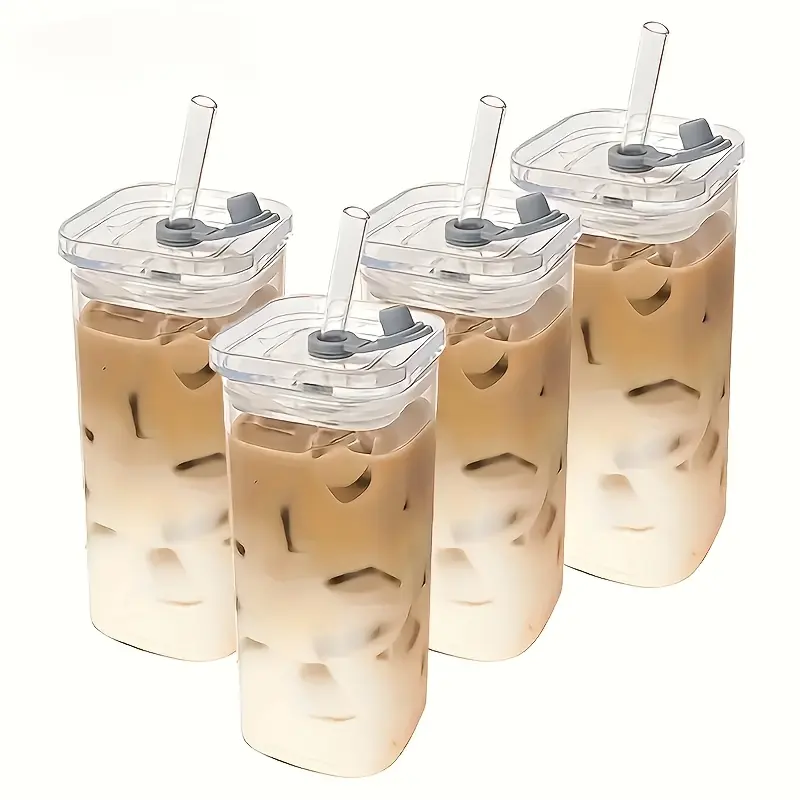 4/2 Counts Portable Square Glass Cups with Lids, Perfect Coffee Mugs, Hydration Tumbler, Includes Straw, Ideal Gift for Cup Collectors, Office Home School Outdoor Use, Drinkware
