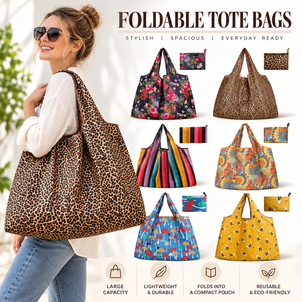 Elegant Extra Large Folding Waterproof Tote Bag - Ecofriendly Reusable Lightweight Heavy Duty Home Organizer, Grocery Shopping & Travel Storage Emergency Bag